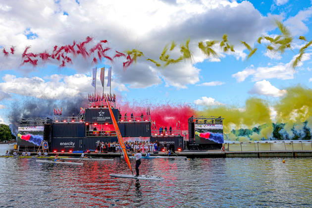 The Finals 2026 Hannover Opening Ceremony, The Finals Hannover 2026, Presentation of the 24 sports Daniela Behrens, Lower Saxony’s Minister of the Interior and Sports; Belit Onay, Mayor of the State Capital of Hanover; Jens Palandt and First Regional Councilor of the Hanover Region launch the opening fireworks display at Hanover’s Maschsee, north shore, Lower Saxony, Hanover Region, Germany