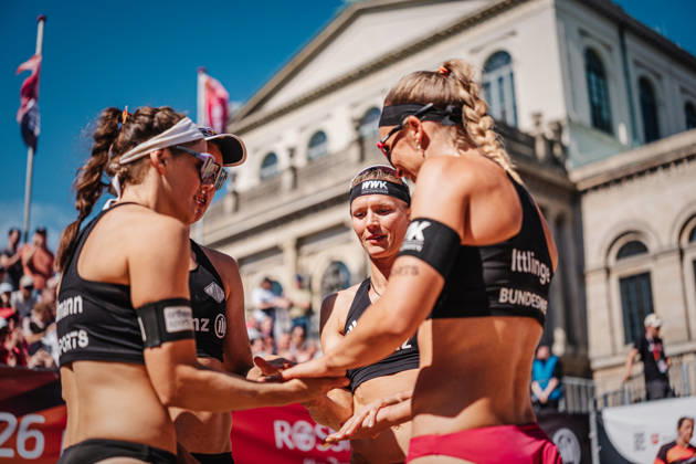 Women s Beach Volleyball Allianz German Beach Club Finals The 2026 Finals Hannover Eintracht Spontent vs. Berlin Recycling Volleys July 24, 2026 v l Cinja Tillmann, Svenja Müller, Kim van de Velde, and Sandra Ittlinger Hannover Opernplatz Lower Saxony Germany