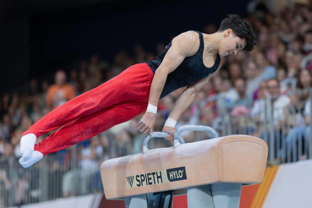 2026 German Artistic Gymnastics Championships, Apparatus Finals: Jonas Eder of MTV 1846 Ludwigsburg performing his routine in the pommel horse apparatus final at the German Artistic Gymnastics Championships, Apparatus Finals, on July 25, 2026, at the ZAG Arena in Hanover, Hanover, Lower Saxony, Germany, ZAG Arena