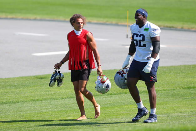 July 26, 2026; Foxborough, MA, USA; New England Patriots wide receiver Mack Hollins (13) and New England Patriots offensive tackle Marcus Bryant (52) walk to the practice field Patriots during training camp at Gillette Stadium. CSM NFL, American Football Herren, USA 2026: Patriots Training Camp JUL 26 - ZUMAc04_ 20260726_zma_c04_140 Copyright: xAnthonyxNesmithx