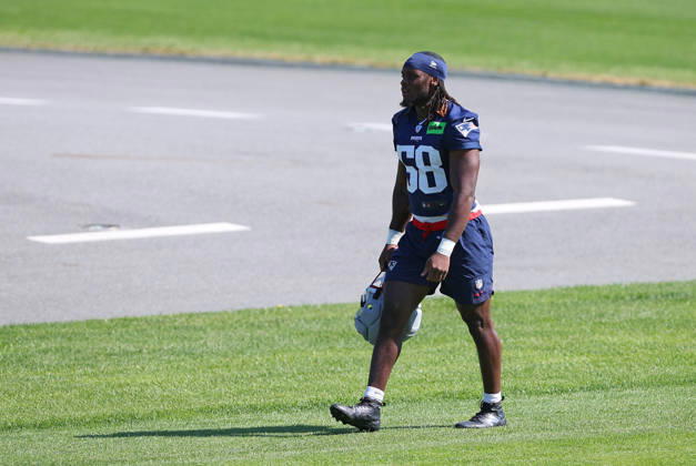 July 26, 2026; Foxborough, MA, USA; New England Patriots linebacker Xavier Holmes (58) walk to the practice field during Patriots training camp at Gillette Stadium. CSM NFL, American Football Herren, USA 2026: Patriots Training Camp JUL 26 - ZUMAc04_ 20260726_zma_c04_144 Copyright: xAnthonyxNesmithx