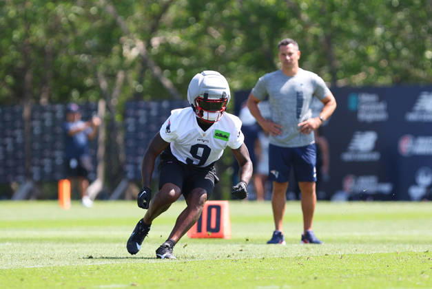 July 26, 2026; Foxborough, MA, USA; New England Patriots wide receiver Kayshon Boutte (9) participates in drills during Patriots training camp at Gillette Stadium. CSM NFL, American Football Herren, USA 2026: Patriots Training Camp JUL 26 - ZUMAc04_ 20260726_zma_c04_171 Copyright: xAnthonyxNesmithx