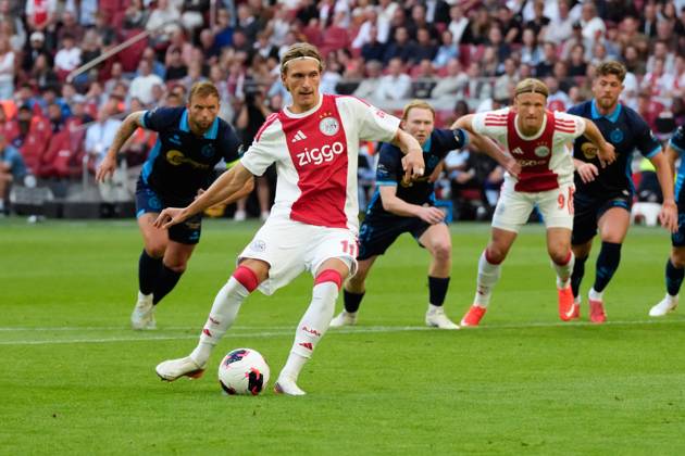 AMSTERDAM , 06-08-2026, Johan Cruijff ArenA , season 2026 2027 , UEFA Conference League play-off football . Match between Ajax and Shelbourne FC , Picture shows Ajax player Mika Godts scoring the 1-0 Ajax - Shelbourne x205489061x Copyright: