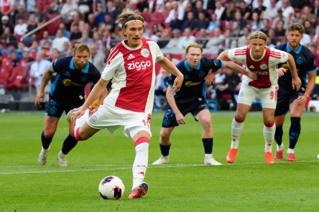 AMSTERDAM , 06-08-2026, Johan Cruijff ArenA , season 2026 2027 , UEFA Conference League play-off football . Match between Ajax and Shelbourne FC , Picture shows Ajax player Mika Godts scoring the 1-0 Ajax - Shelbourne x205489063x Copyright: