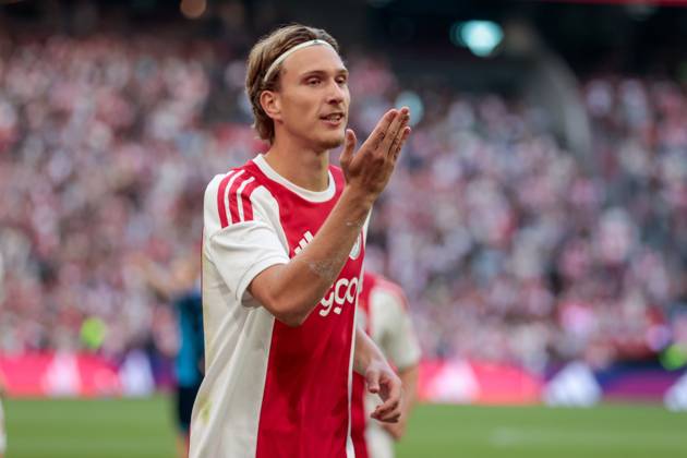 AMSTERDAM , 06-08-2026, Johan Cruijff ArenA , season 2026 2027 , UEFA Conference League play-off football . Match between Ajax and Shelbourne FC , Picture shows Ajax player Mika Godts celebrating the 1-0 Ajax - Shelbourne x205489077x Copyright: