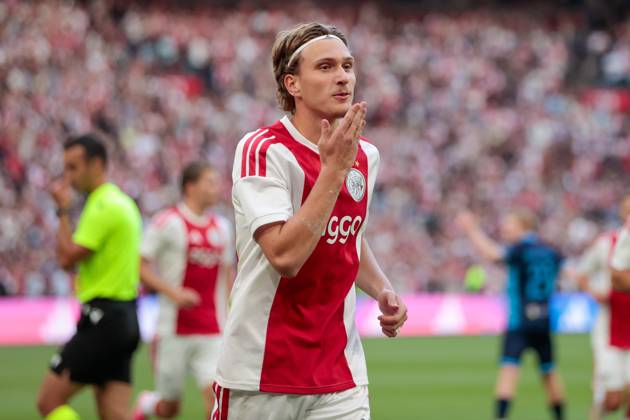 AMSTERDAM , 06-08-2026, Johan Cruijff ArenA , season 2026 2027 , UEFA Conference League play-off football . Match between Ajax and Shelbourne FC , Picture shows Ajax player Mika Godts celebrating the 1-0 Ajax - Shelbourne x205489079x Copyright: