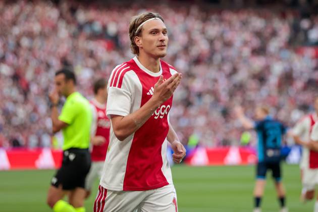 AMSTERDAM , 06-08-2026, Johan Cruijff ArenA , season 2026 2027 , UEFA Conference League play-off football . Match between Ajax and Shelbourne FC , Picture shows Ajax player Mika Godts celebrating the 1-0 Ajax - Shelbourne x205489081x Copyright: