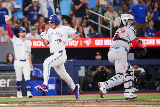 August 11, 2026, Toronto, On, Canada: Toronto Blue Jays Myles Straw (3) scores on an RBI by Brett Bateman (21), not shown, during fifth inning MLB, Baseball Herren, USA baseball action against the Boston Red Sox in Toronto, on Tuesday, Aug. 11, 2026. Canada News - August 11, 2026 - ZUMAc35_ 20260811_zaf_c35_128 Copyright: xSammyxKoganx