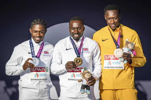 Athletics, European Championships in Birmingham, 100m, men, medal ceremony with Owen Ansah and European champion Romell Glave