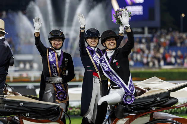 AACHEN FEI World Championships 2026, AACHEN FEI World Championships 2026 FRY Charlotte GBR, Cathrine Laudrup Dufour (DEN), Isabell Werth (GER) Medal ceremony FEI Dressage World Championship Freestyle Individual Lindt Prize Aachen, Soers Equestrian Stadium, August 15, 2026