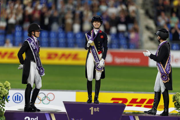 AACHEN FEI World Championships 2026, AACHEN FEI World Championships 2026 FRY Charlotte GBR, Cathrine Laudrup Dufour (DEN), Isabell Werth (GER) Medal ceremony FEI Dressage World Championship Freestyle Individual Lindt Prize Aachen, Soers Equestrian Stadium, August 15, 2026