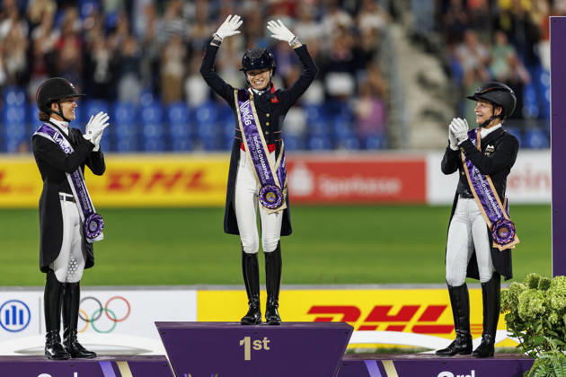 AACHEN FEI World Championships 2026, AACHEN FEI World Championships 2026 FRY Charlotte GBR FRY Charlotte GBR, Cathrine Laudrup Dufour (DEN), Isabell Werth (GER) Medal ceremony FEI Dressage World Championship Freestyle Individual Lindt Prize Aachen, Soers Equestrian Stadium, August 15, 2026