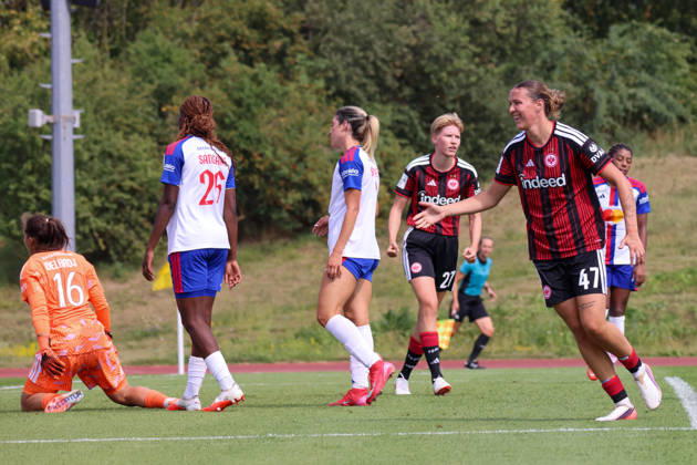 Herzogenaurach, Germany, August 16, 2026: Friendly match between Olympique Lyon Women and Eintracht Frankfurt Women. Pictured: Goal scorer Larissa Mühlhaus (SGE), on the right, scores the 1–0 goal for Frankfurt. Goal scorer Larissa Mühlhaus (SGE) scores the 1–0 goal for Frankfurt and celebrates. Copyright: HMBxMedia MadeleinexFantini