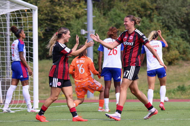 Herzogenaurach, Germany, August 16, 2026 Friendly Match: Olympique Lyon Women vs. Eintracht Frankfurt Women Pictured: Goal scorer Larissa Mühlhaus (SGE), on the right in the photo, scores the 1–0 goal for Frankfurt. Goal scorer Larissa Mühlhaus (SGE) scores the 1–0 goal for Frankfurt and celebrates with Ereleta Memeti (SGE). Copyright: HMBxMedia MadeleinexFantini