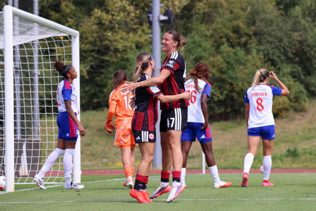Herzogenaurach, Germany, August 16, 2026 Friendly Match: Olympique Lyon Women vs. Eintracht Frankfurt Women Pictured: Goal scorer Larissa Mühlhaus (SGE), on the right in the photo, scores the 1–0 goal for Frankfurt. Goal scorer Larissa Mühlhaus (SGE) scores the 1–0 goal for Frankfurt and celebrates with Ereleta Memeti (SGE). Copyright: HMBxMedia MadeleinexFantini
