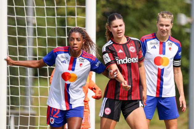 Herzogenaurach, Germany, August 16, 2026: Friendly match between Olympique Lyon Women and Eintracht Frankfurt Women. Pictured, from left: Ashley Lawrence (Lyon), Noemi Ivelj (SGE), and Ada Hegerberg (Lyon) Copyright: HMBxMedia MadeleinexFantini