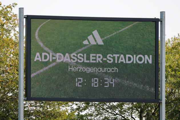 Herzogenaurach, Germany, August 16, 2026: Friendly match between Olympique Lyon Women and Eintracht Frankfurt Women. Pictured: Stock photo of a sign with the words Adi Dassler Stadium Herzogenaurach. Copyright: HMBxMedia MadeleinexFantini