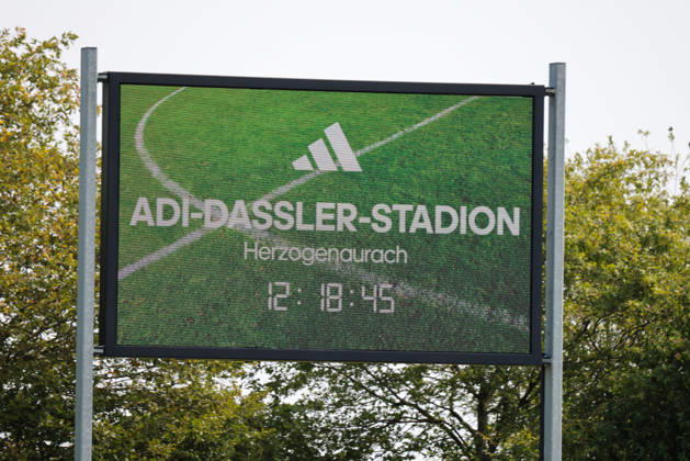 Herzogenaurach, Germany, August 16, 2026: Friendly match between Olympique Lyon Women and Eintracht Frankfurt Women. Pictured: Stock photo of a sign with the words Adi Dassler Stadium Herzogenaurach. Copyright: HMBxMedia MadeleinexFantini