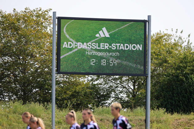 Herzogenaurach, Germany, August 16, 2026: Friendly match between Olympique Lyon Women and Eintracht Frankfurt Women. Pictured: Stock photo of a sign reading Adi Dassler Stadium Herzogenaurach. Copyright: HMBxMedia MadeleinexFantini