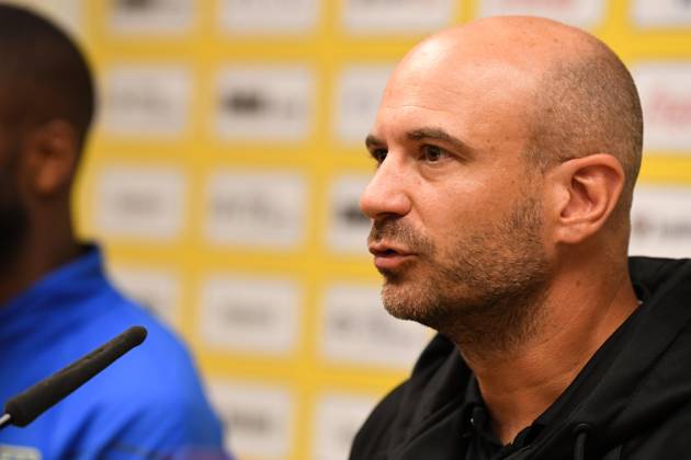 STVV s head coach Frederic De Meyer pictured during a press conference, PK, Pressekonferenz of Belgian soccer team Sint-Truidense V.V., Wednesday 19 August 2026 in Sint-Truiden, in preparations of the first leg of the play-off round for the UEFA Europa League league phase, against Cypriot team AC Omonoia Nicosia. JILLxDELSAUX x183765143x