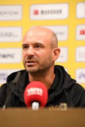STVV s head coach Frederic De Meyer pictured during a press conference, PK, Pressekonferenz of Belgian soccer team Sint-Truidense V.V., Wednesday 19 August 2026 in Sint-Truiden, in preparations of the first leg of the play-off round for the UEFA Europa League league phase, against Cypriot team AC Omonoia Nicosia. JILLxDELSAUX x183765055x