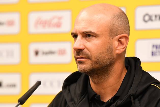 STVV s head coach Frederic De Meyer pictured during a press conference, PK, Pressekonferenz of Belgian soccer team Sint-Truidense V.V., Wednesday 19 August 2026 in Sint-Truiden, in preparations of the first leg of the play-off round for the UEFA Europa League league phase, against Cypriot team AC Omonoia Nicosia. JILLxDELSAUX x183765091x