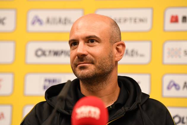 STVV s head coach Frederic De Meyer pictured during a press conference, PK, Pressekonferenz of Belgian soccer team Sint-Truidense V.V., Wednesday 19 August 2026 in Sint-Truiden, in preparations of the first leg of the play-off round for the UEFA Europa League league phase, against Cypriot team AC Omonoia Nicosia. JILLxDELSAUX x183765005x