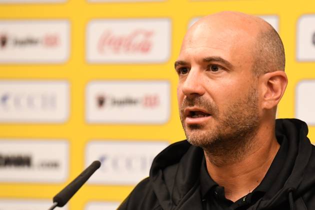 STVV s head coach Frederic De Meyer pictured during a press conference, PK, Pressekonferenz of Belgian soccer team Sint-Truidense V.V., Wednesday 19 August 2026 in Sint-Truiden, in preparations of the first leg of the play-off round for the UEFA Europa League league phase, against Cypriot team AC Omonoia Nicosia. JILLxDELSAUX x183765023x