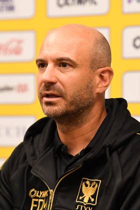 STVV s head coach Frederic De Meyer pictured during a press conference, PK, Pressekonferenz of Belgian soccer team Sint-Truidense V.V., Wednesday 19 August 2026 in Sint-Truiden, in preparations of the first leg of the play-off round for the UEFA Europa League league phase, against Cypriot team AC Omonoia Nicosia. JILLxDELSAUX x183765032x
