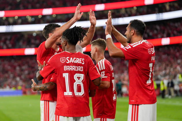 August 20, 2026, Lisbon, Portugal: Clement Lenglet (L), Leandro Barreiro (C), Samuel Dahl (C) and Vangelis Pavlidis of SL Benfica (R) celebrate a goal during the UEFA Europa League Play-Offs 1st leg football match between SL Benfica and Aarhus GF at Estadio da Luz. Final score: SL Benfica 3:1 AGF Aarhus Lisbon Portugal - ZUMAs197 20260820_aaa_s197_357 Copyright: xBrunoxdexCarvalhox