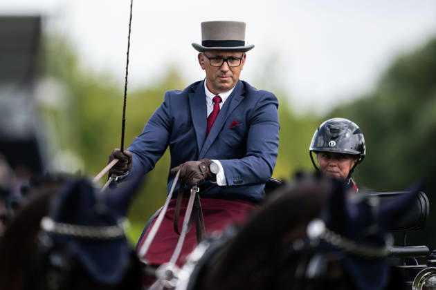 August 21, 2026: Fredrik Persson of Sweden, riding the horses Fasco, Hertog Jan, Judson, and Kermit, competes in the Four-in-Hand Dressage on Day 11 of the 2026 FEI World Championships on August 21, 2026 in Aachen. Photo by Emma Wallskog. BILDBYRAN code EW EW0695 equestrian sports 2026 World Championships 2026 FEI World Championships bbeng equestrian sports World Championships four-in-hand driving dressage four-in-hand Copyright: EMMAxWALLSKOG BB260821EW003