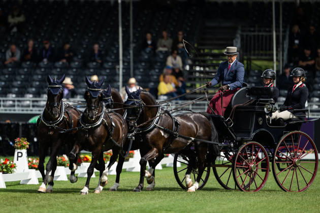 August 21, 2026: Fredrik Persson of Sweden, riding the horses Fasco, Hertog Jan, Judson, and Kermit, competes in the Four-in-Hand Dressage on Day 11 of the 2026 FEI World Championships on August 21, 2026 in Aachen. Photo by Emma Wallskog. BILDBYRAN code EW EW0695 equestrian sports 2026 World Championships 2026 FEI World Championships bbeng equestrian sports World Championships four-in-hand driving dressage four-in-hand Copyright: EMMAxWALLSKOG BB260821EW009