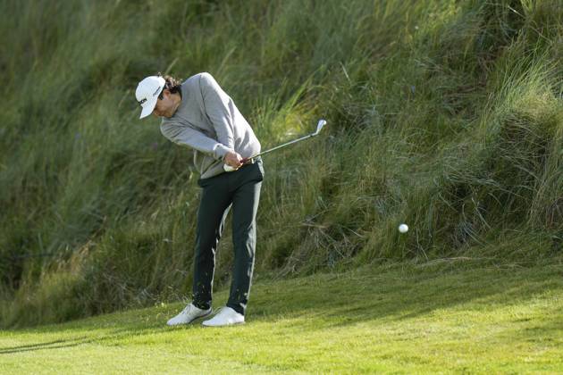BALMEDIE, SCOTLAND - AUG 21: Maximilian Steinlechner (AUT) plays from the rough on the first hole during Round 2 at the 2026 Nexo Championship at the Trump International Golf Links, Balmedie on August 21, 2026 in Aberdeenshire, Scotland The 2026 Nexo Championship
