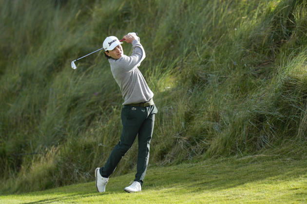BALMEDIE, SCOTLAND - AUG 21: Maximilian Steinlechner (AUT) plays from the rough on the first hole during Round 2 at the 2026 Nexo Championship at the Trump International Golf Links, Balmedie on August 21, 2026 in Aberdeenshire, Scotland The 2026 Nexo Championship