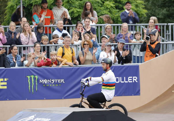 August 21, 2026 Men’s Qualifying Round at the BMX Freestyle Park European Championships in Darmstadt’s Bürgerpark, hosted by VC Darmstadt, August 21–23, 2026. Here, Anthony Jeanjean (FRA), the reigning 2025 world champion, receives applause from spectators in Darmstadt, Hesse, Germany, after his qualifying run.