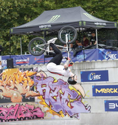 August 21, 2026 Men s Qualifying Round at the BMX Freestyle Park European Championships in Darmstadt s Bürgerpark, hosted by VC Darmstadt, August 21–23, 2026. Pictured here is Jordan Clark (GBR) during the competition in Darmstadt, Hesse, Germany.