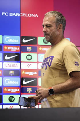 August 22, 2026, Sant Joan Despi, Barcelona, Spain: Hansi Flick, head coach of FC Barcelona, Barca attends his press conference, PK, Pressekonferenz during the training day of FC Barcelona ahead the Spanish League, LaLiga EA Sports, football match against Elche CF at Ciudad Esportiva Joan Gamper on August 22, 2026 in Sant Joan Despi, Barcelona, Spain. FC Barcelona Training And Press Conference - LaLiga EA Sports - ZUMAa181 20260822_zaa_a181_088 Copyright: xJavierxBorregox
