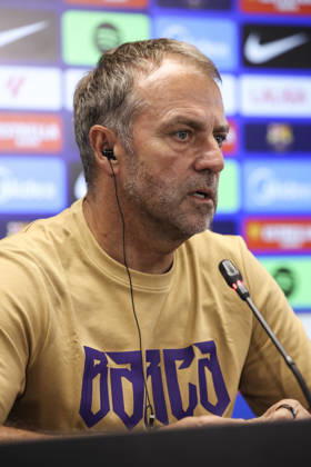 August 22, 2026, Sant Joan Despi, Barcelona, Spain: Hansi Flick, head coach of FC Barcelona, Barca attends his press conference, PK, Pressekonferenz during the training day of FC Barcelona ahead the Spanish League, LaLiga EA Sports, football match against Elche CF at Ciudad Esportiva Joan Gamper on August 22, 2026 in Sant Joan Despi, Barcelona, Spain. FC Barcelona Training And Press Conference - LaLiga EA Sports - ZUMAa181 20260822_zaa_a181_103 Copyright: xJavierxBorregox