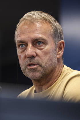August 22, 2026, Sant Joan Despi, Barcelona, Spain: Hansi Flick, head coach of FC Barcelona, Barca attends his press conference, PK, Pressekonferenz during the training day of FC Barcelona ahead the Spanish League, LaLiga EA Sports, football match against Elche CF at Ciudad Esportiva Joan Gamper on August 22, 2026 in Sant Joan Despi, Barcelona, Spain. FC Barcelona Training And Press Conference - LaLiga EA Sports - ZUMAa181 20260822_zaa_a181_108 Copyright: xJavierxBorregox
