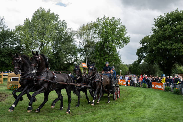 August 22, 2026: Fredrik Persson of Sweden, with his horses Fasco, Kaptain, Judson, and Kermit, competes in the Four-in-Hand Marathon on Day 12 of the 2026 FEI World Championships, 2026 in Aachen. Photo by Emma Wallskog, BILDBYRAN, code EW EW0697: equestrian sports, 2026 World Championships, 2026 FEI World Championships, BBENG, equestrian sports, World Championships, four-in-hand, driving Copyright: EMMAxWALLSKOG BB260822EW021