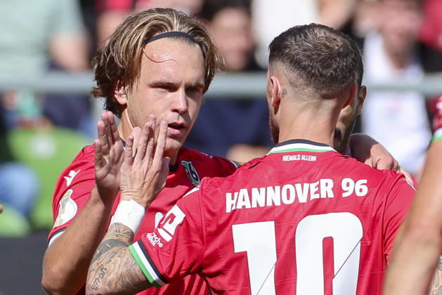 Lars Gindorf of Hannover 96 celebrates his goal—making the score 0–2—with Marcel Hartel of Hannover 96 during the DFB Cup match between SV Hemelingen and Hannover 96 at Weserstadion on August 22, 2026, in Bremen, Germany Photo by Marco Steinbrenner, DeFodi Images Lars Gindorf of Hannover 96 celebrates after scoring his team’s second goal with Marcel Hartel of Hannover 96 during the DFB Cup match between SV Hemelingen and Hannover 96 at Weserstadion on August 22, 2026 in Bremen, Germany. Photo by Marco Steinbrenner, DeFodi Images. Photo by Marco Steinbrenner, DeFodi Images