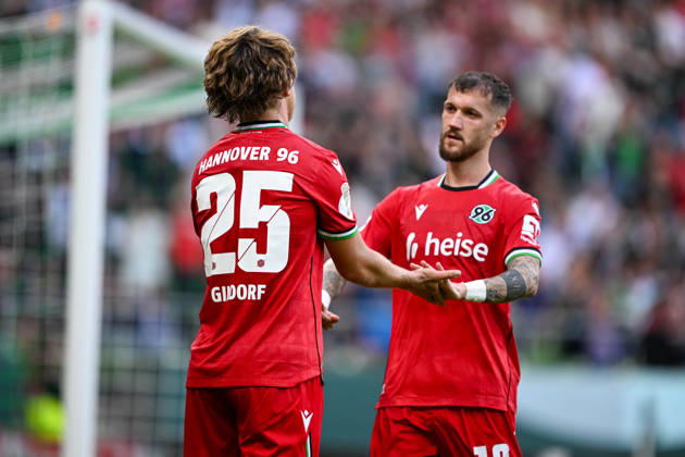 DFB Cup 26-27: SV Hemelingen vs. Hannover 96 on August 22, 2026, at the Weserstadion in Bremen—Cheers, goal celebrations, goal scorers, goal scorer Lars Gindorf; Hannover celebrates after his goal to make it 0-6 MT