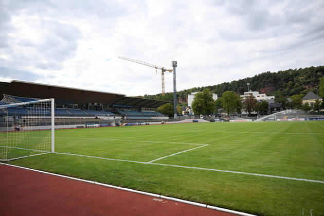 August 22, 2026, xjhx, Soccer, DFB Cup First Round, Eintracht Trier vs. RB Leipzig, interior view, grass field, stands, stadium, Trier stadium