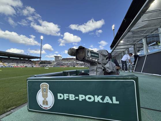 August 22, 2026, Soccer, 2026-27 DFB Cup, First Round, TSV 1860 Munich vs. Holstein Kiel, at the stadium on Grünwalderstrasse in Munich, camera inside the stadium displaying the DFB Cup logo