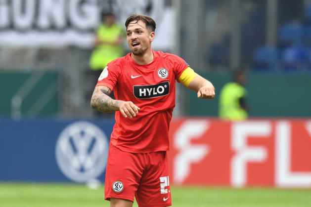 Goal scorer Luca Schnellbacher of SV 07 Elversberg, 24, celebrates his goal to make it 1–0, GER, MSV Duisburg vs. SV 07 Elversberg, Soccer, DFB Cup First Round, 2026–2027 season, August 22, 2026. DFL regulations prohibit any use of photographs as image sequences and or quasi-video. GER, MSV Duisburg vs. SV 07 Elversberg, soccer, DFB Cup First Round, 2026–2027 Season, August 22, 2026, Duisburg Copyright: xEibner-Pressefoto ThomasxThienelx EP_TTL