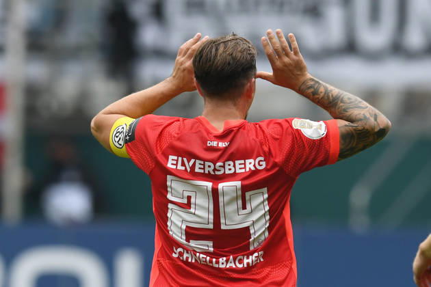 Goal scorer Luca Schnellbacher of SV 07 Elversberg, 24, celebrates his goal to make it 1–0, GER, MSV Duisburg vs. SV 07 Elversberg, Soccer, DFB Cup First Round, 2026–2027 season, August 22, 2026. DFL regulations prohibit any use of photographs as image sequences and or quasi-video. GER, MSV Duisburg vs. SV 07 Elversberg, soccer, DFB Cup First Round, 2026–2027 Season, August 22, 2026, Duisburg Copyright: xEibner-Pressefoto ThomasxThienelx EP_TTL