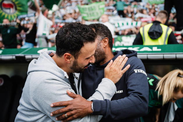 DFB Cup: Lüneburger SK vs. SV Werder Bremen, August 22, 2026; Tarek Gibbah, coach of Lüneburger SK; Hansa with Daniel Thioune, coach of SV Werder Bremen; soccer, DFB Cup, First Round: Lüneburger SK vs. SV Werder Bremen on August 22, 2026, at Millerntor Stadium, Hamburg. DFB regulations prohibit any use of photographs as image sequences and or quasi-video. Copyright: xBEAUTIFULxSPORTS Tonhäuserx