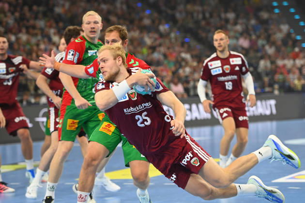 Matthes LANGHOFF, Füchse Berlin; shot on goal, action, tackle; Men s Rexel Super Cup 2026 handball match: SC Magdeburg vs. Füchse Berlin on August 22, 2026, at SAP GARDEN, Munich