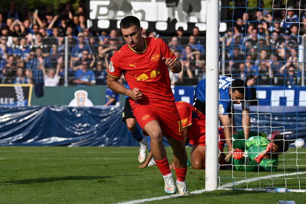 August 22, 2026, xjhx, Soccer, DFB Cup First Round, Eintracht Trier vs. RB Leipzig – Goal celebration after Brajan Gruda scored the 0-1 goal for RB Leipzig against Trier