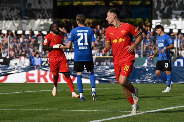 August 22, 2026, xjhx, Soccer, DFB Cup First Round, Eintracht Trier vs. RB Leipzig, Goal celebration after Brajan Gruda s goal for RB Leipzig (0-1) against Trier